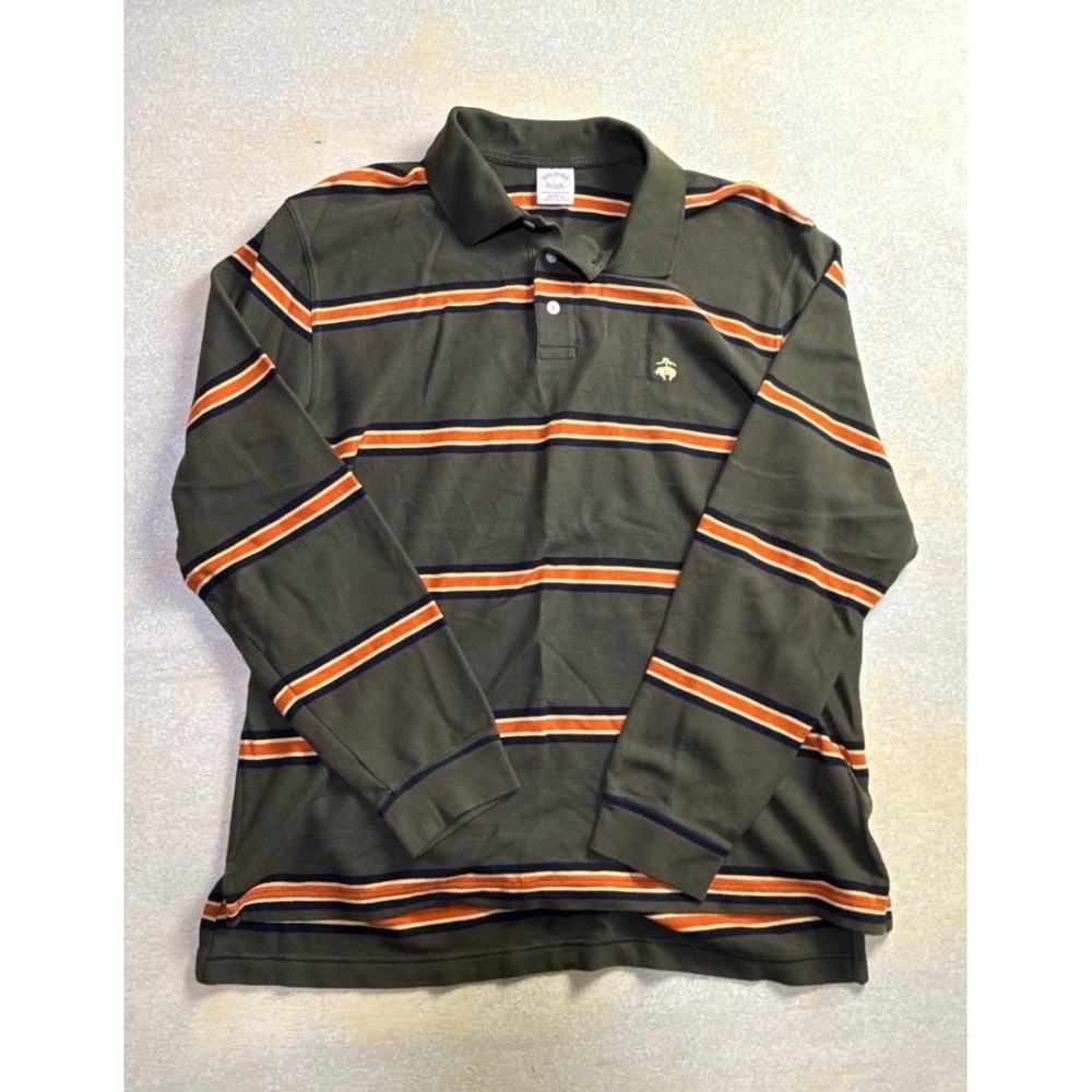 Brooks Brothers Performance Polo Long Sleeve Striped Shirt Green Mens L-2004